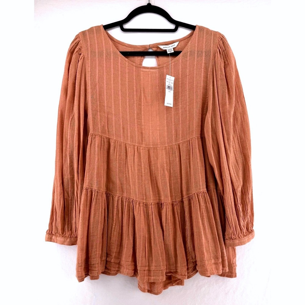 American Eagle Women Small Terracotta Tiered Babydoll Open Back Blouse NWT Y2K